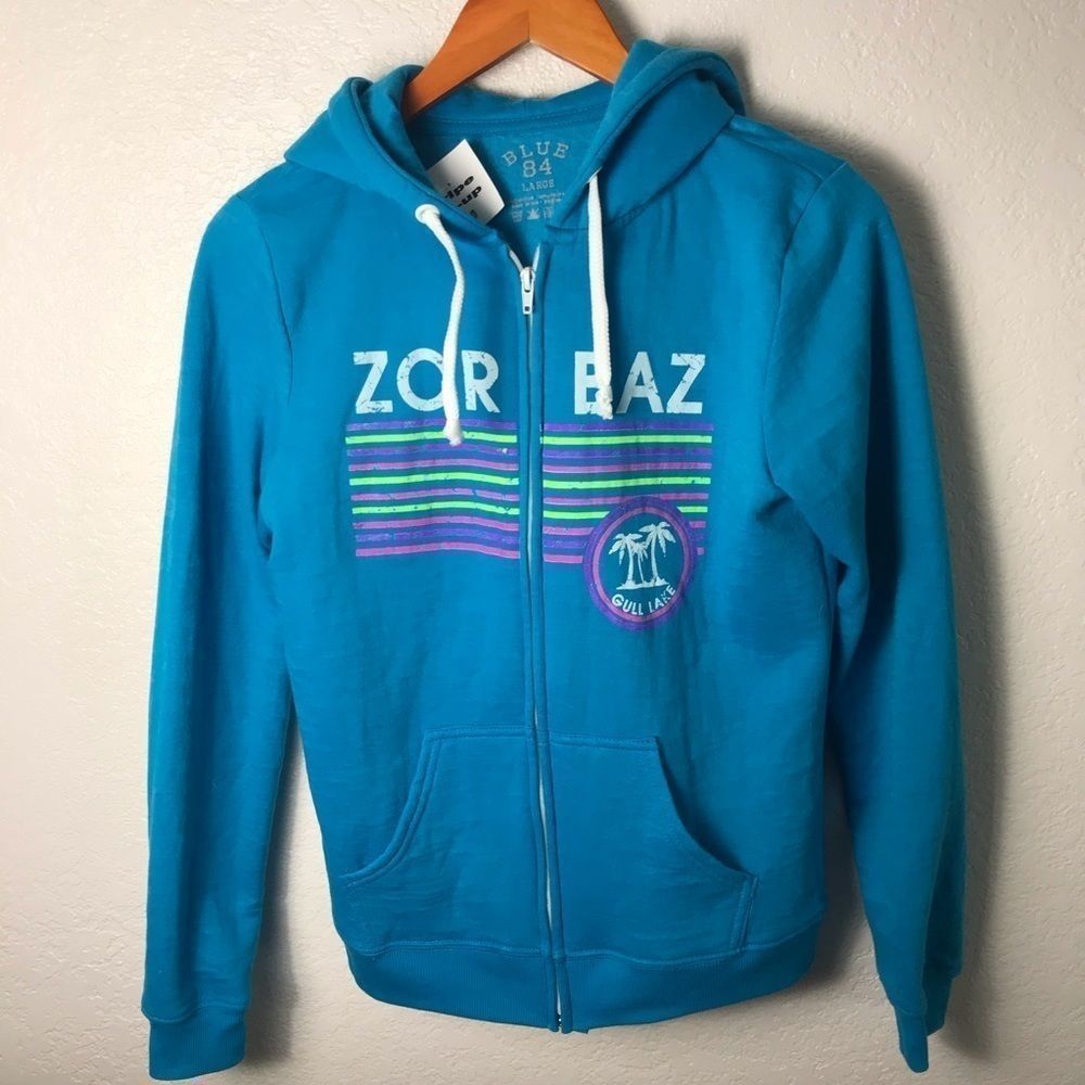 Turquoise blue women’s 80s style zip up hoodie New